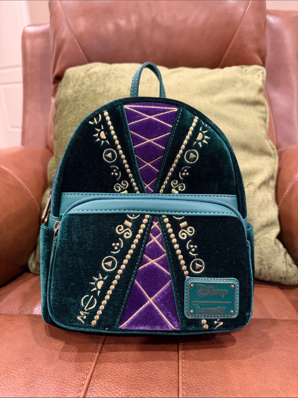 Hocus Pocus Velvet Green and Purple Mini Loungefly Backpack with Gold Embroidery